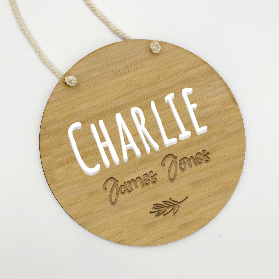 engraved round bamboo layered name plaque