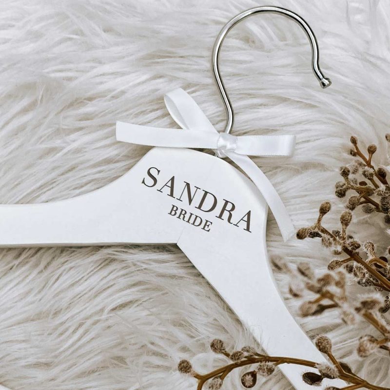White engraved wedding hangers