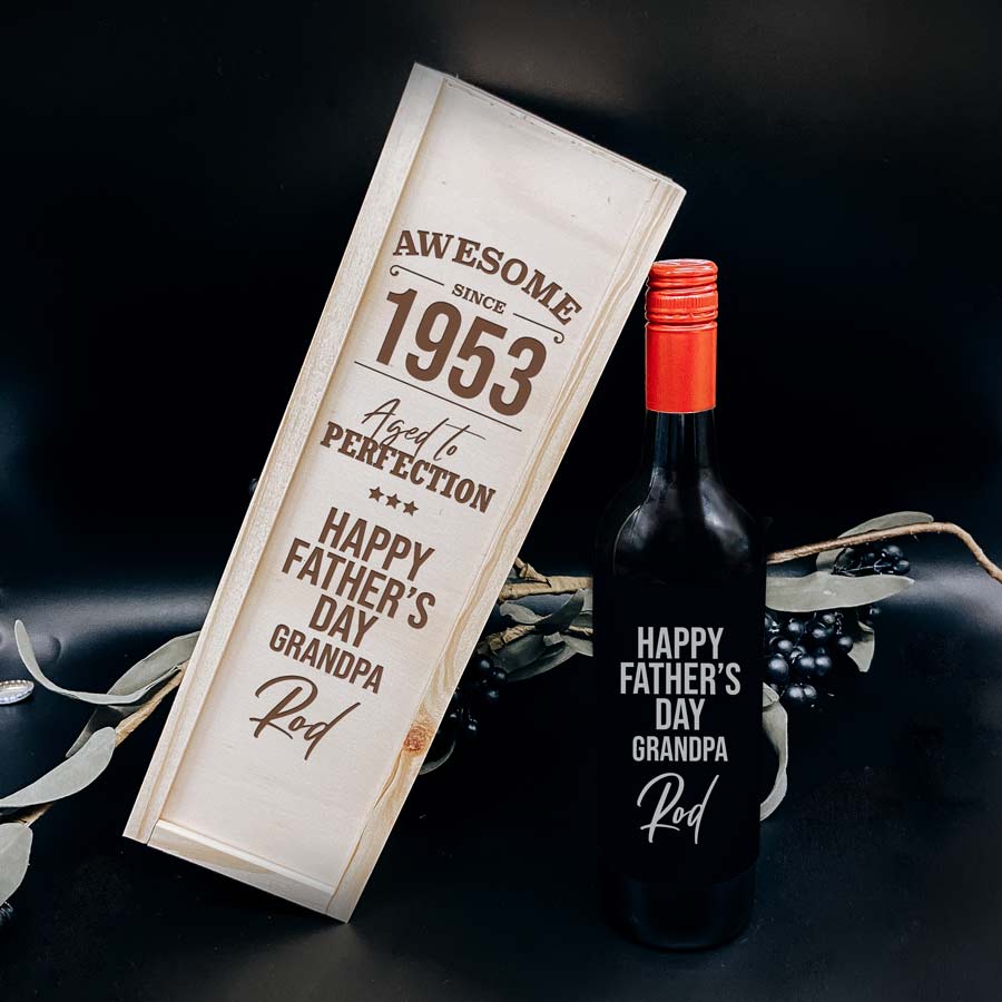 Personalised fathers day gift wine bottle and box