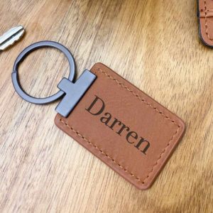 Engraved Name Leatherette Keyring with Metal Trim