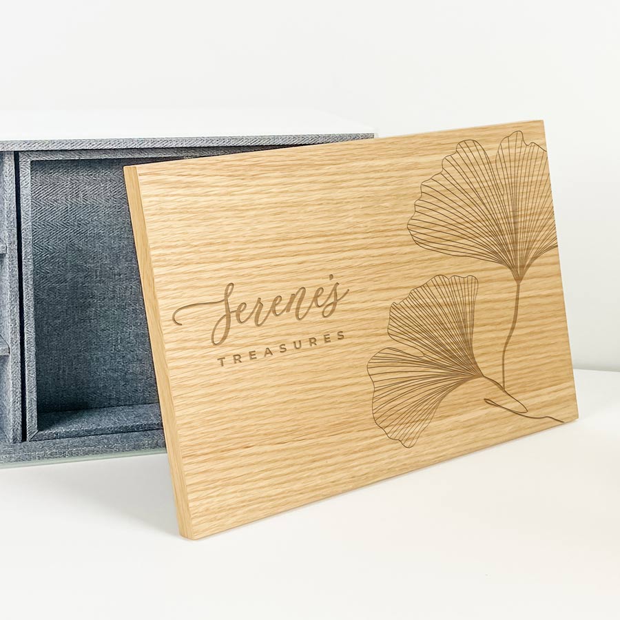 personalised jewellery box with name and foliage