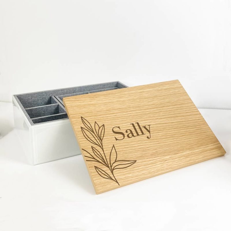personalised jewellery box with name and foliage