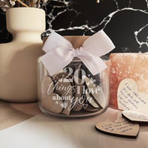 20 Reasons Why I Love you Engraved Jar with Wooden Hearts